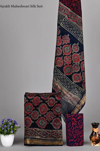Multicolor exclusive new hand block printed maheshwari silk zari border suits pieces