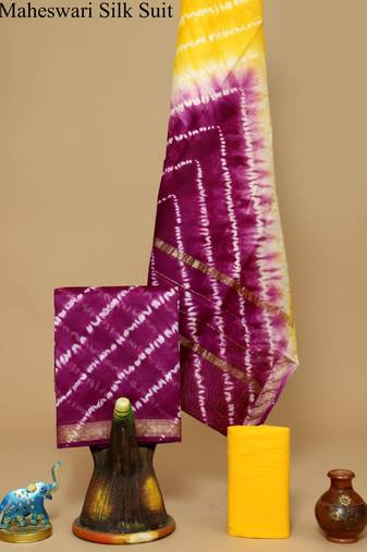 Magenta exclusive new hand block printed maheshwari silk zari border suits pieces