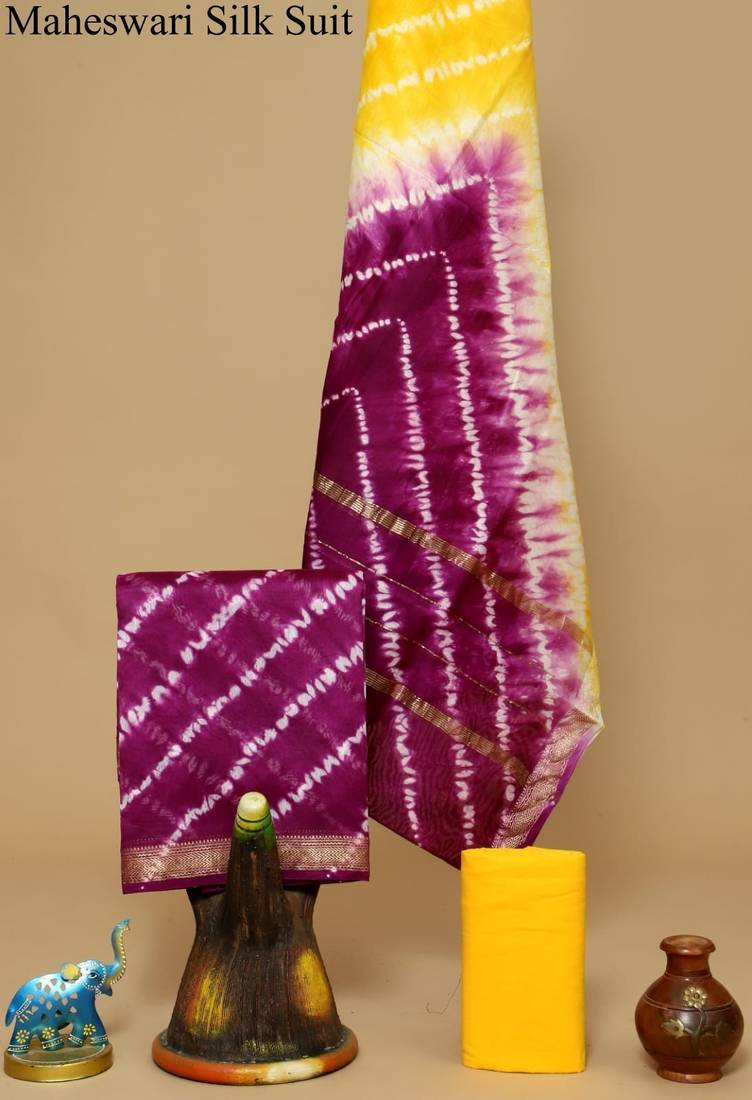 Magenta exclusive new hand block printed maheshwari silk zari border suits pieces