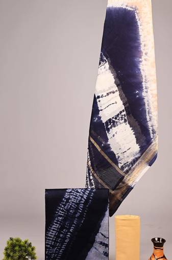 Dark blue exclusive new hand block printed maheshwari silk zari border suits pieces