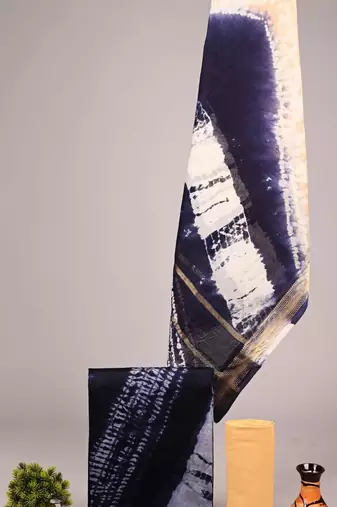 Dark blue exclusive new hand block printed maheshwari silk zari border suits pieces