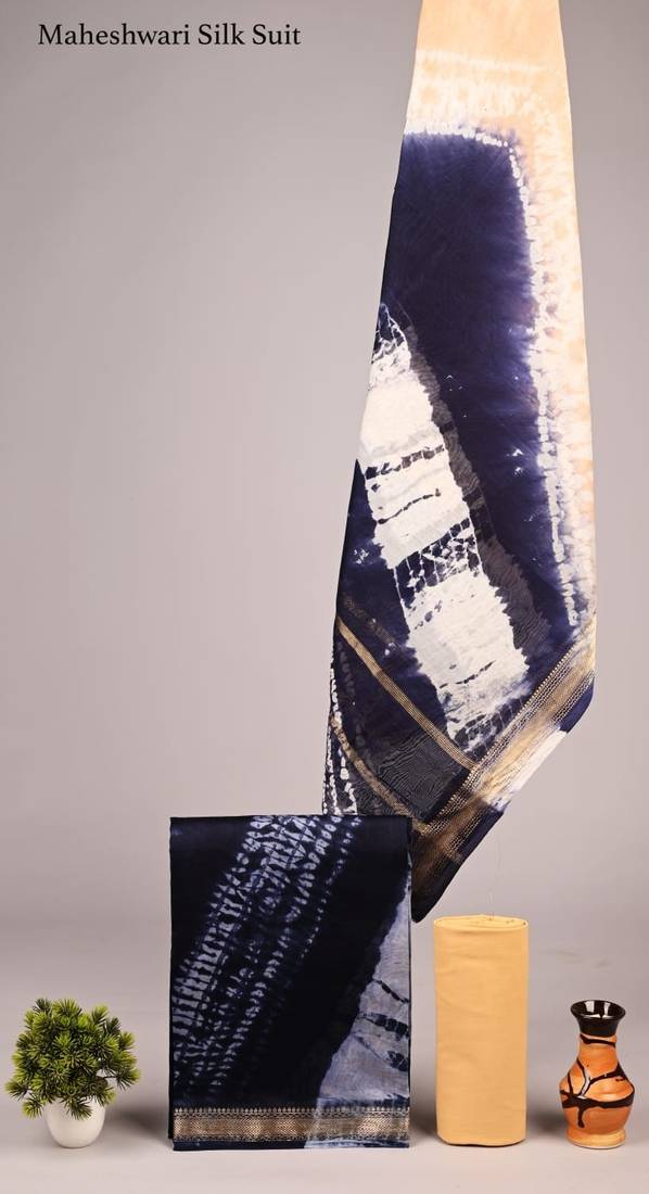 Dark blue exclusive new hand block printed maheshwari silk zari border suits pieces