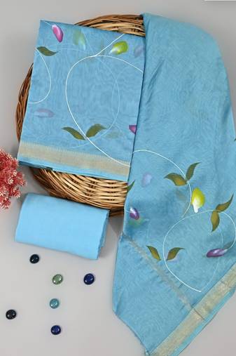 Sky blue exclusive new hand block printed maheshwari silk zari border suits pieces
