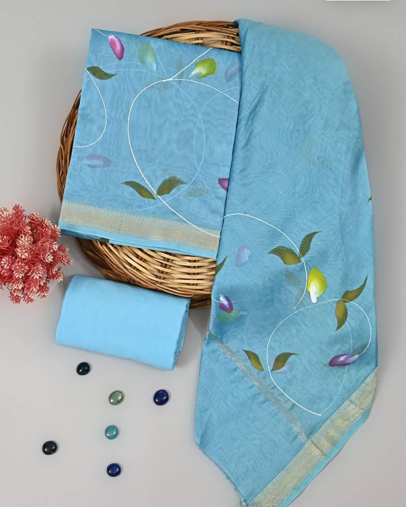 Sky blue exclusive new hand block printed maheshwari silk zari border suits pieces