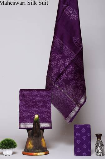 Purple exclusive new hand block printed maheshwari silk zari border suits pieces