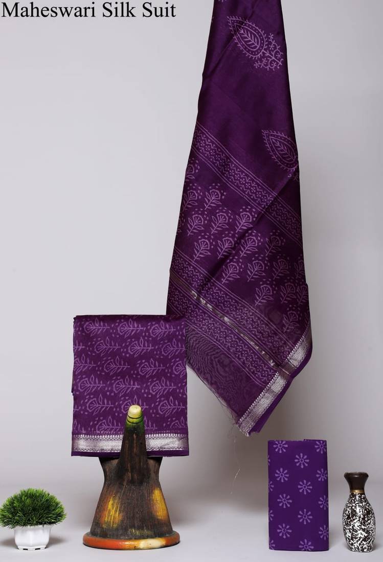 Purple exclusive new hand block printed maheshwari silk zari border suits pieces