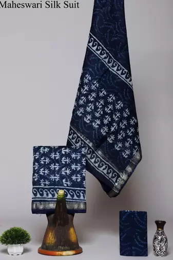 Blue exclusive new hand block printed maheshwari silk zari border suits pieces