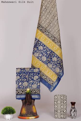 Multicolor exclusive new hand block printed maheshwari silk zari border suits pieces
