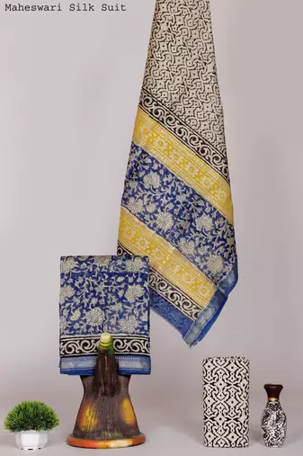 Multicolor exclusive new hand block printed maheshwari silk zari border suits pieces