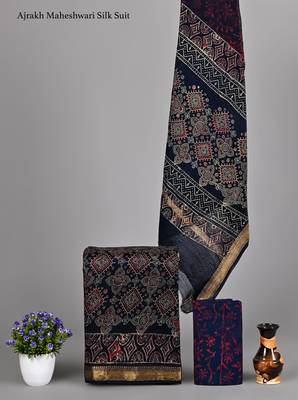 Navy blue exclusive new hand block printed maheshwari silk zari border suits pieces 1