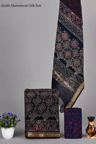 Navy blue exclusive new hand block printed maheshwari silk zari border suits pieces