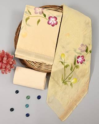 Beige exclusive new hand block printed maheshwari silk zari border suits pieces 1