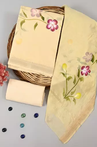 Beige exclusive new hand block printed maheshwari silk zari border suits pieces