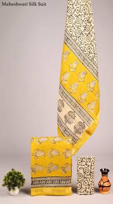Yellow exclusive new hand block printed maheshwari silk zari border suits pieces 1