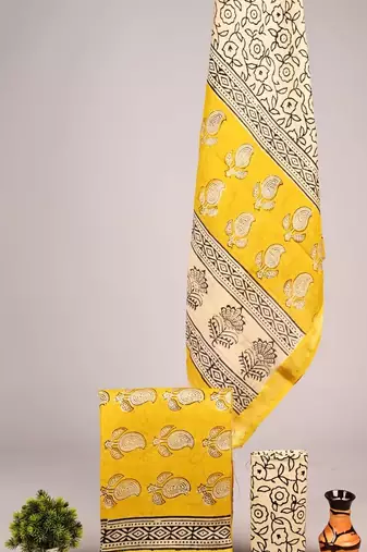 Yellow exclusive new hand block printed maheshwari silk zari border suits pieces