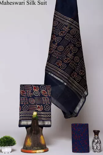 Navy blue exclusive new hand block printed maheshwari silk zari border suits pieces