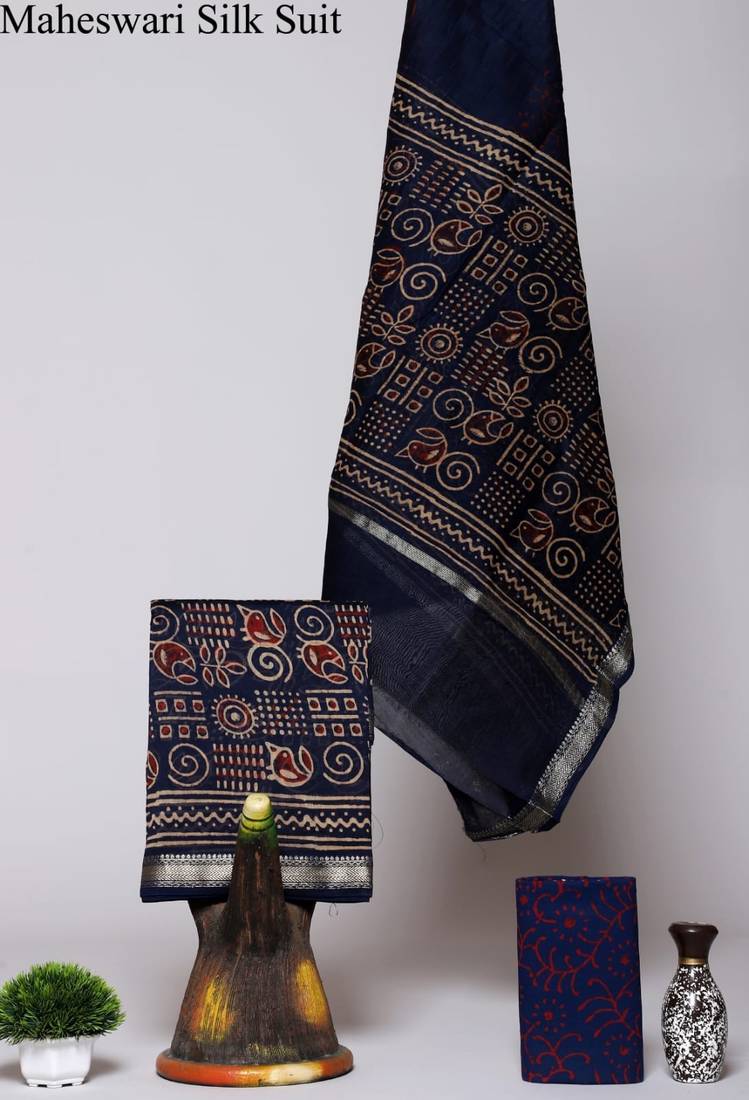 Navy blue exclusive new hand block printed maheshwari silk zari border suits pieces