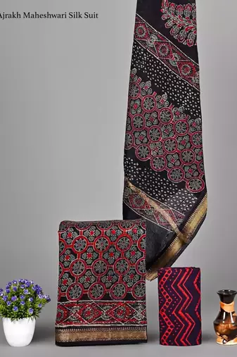 Multicolor exclusive new hand block printed maheshwari silk zari border suits pieces