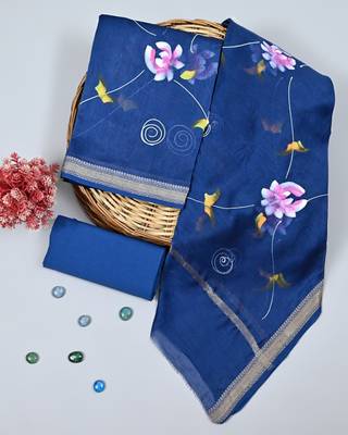 Blue exclusive new hand block printed maheshwari silk zari border suits pieces 1