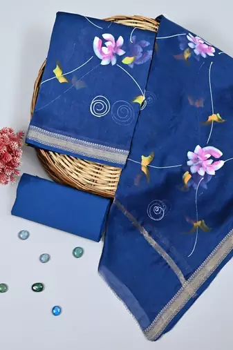 Blue exclusive new hand block printed maheshwari silk zari border suits pieces