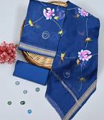 Blue exclusive new hand block printed maheshwari silk zari border suits pieces