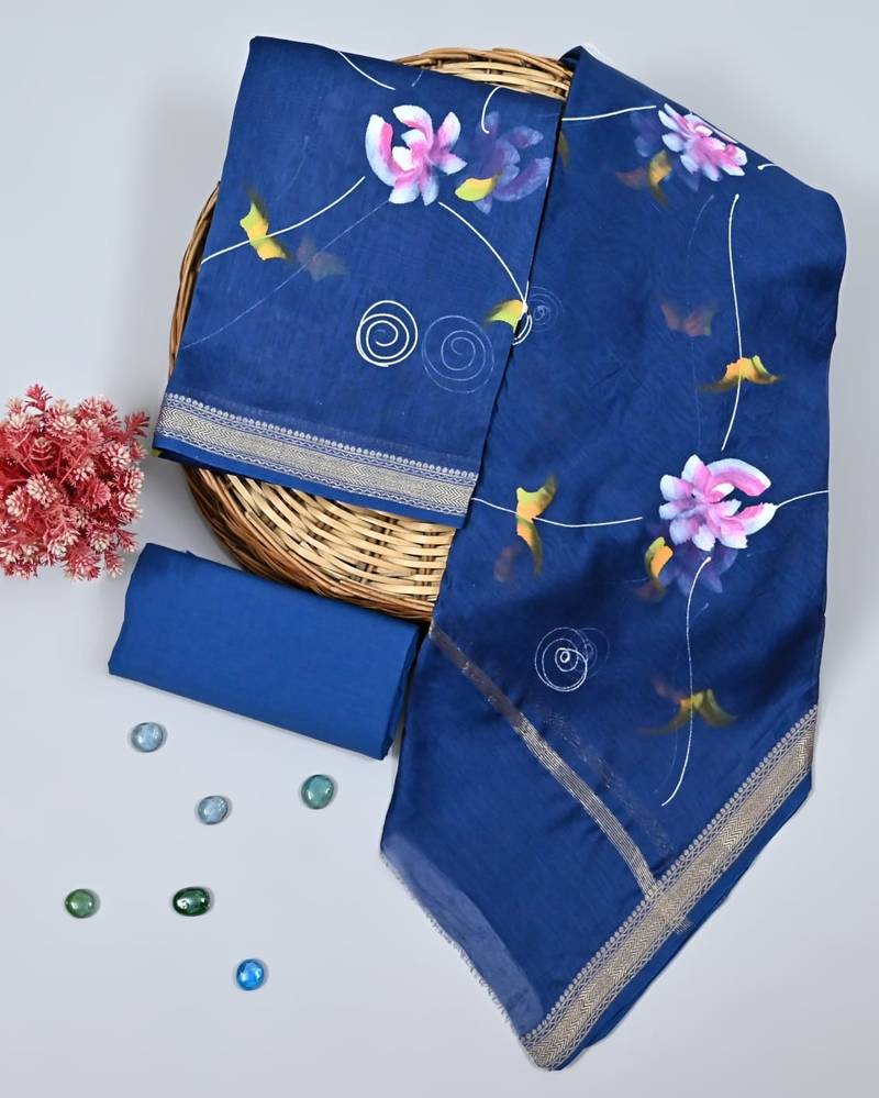 Blue exclusive new hand block printed maheshwari silk zari border suits pieces