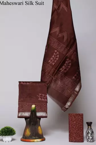 Brown exclusive new hand block printed maheshwari silk zari border suits pieces