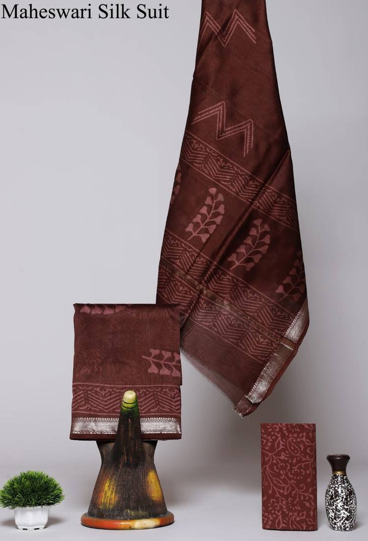 Brown exclusive new hand block printed maheshwari silk zari border suits pieces