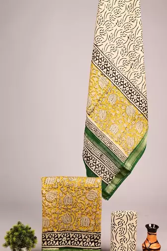Yellow exclusive new hand block printed maheshwari silk zari border suits pieces