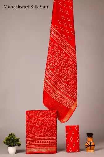 Red exclusive new hand block printed maheshwari silk zari border suits pieces