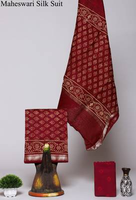 Maroon exclusive new hand block printed maheshwari silk zari border suits pieces 1