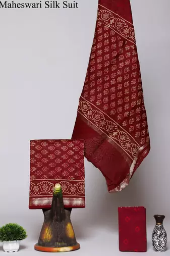 Maroon exclusive new hand block printed maheshwari silk zari border suits pieces