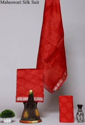 Red exclusive new hand block printed maheshwari silk zari border suits pieces 1