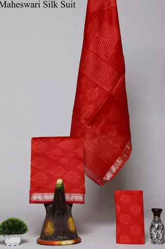 Red exclusive new hand block printed maheshwari silk zari border suits pieces