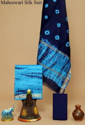 Blue exclusive new hand block printed maheshwari silk zari border suits pieces 1