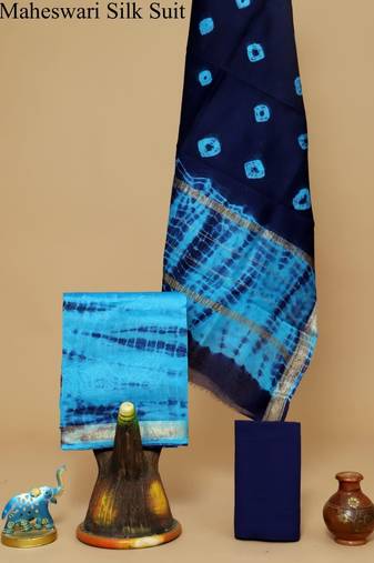 Blue exclusive new hand block printed maheshwari silk zari border suits pieces