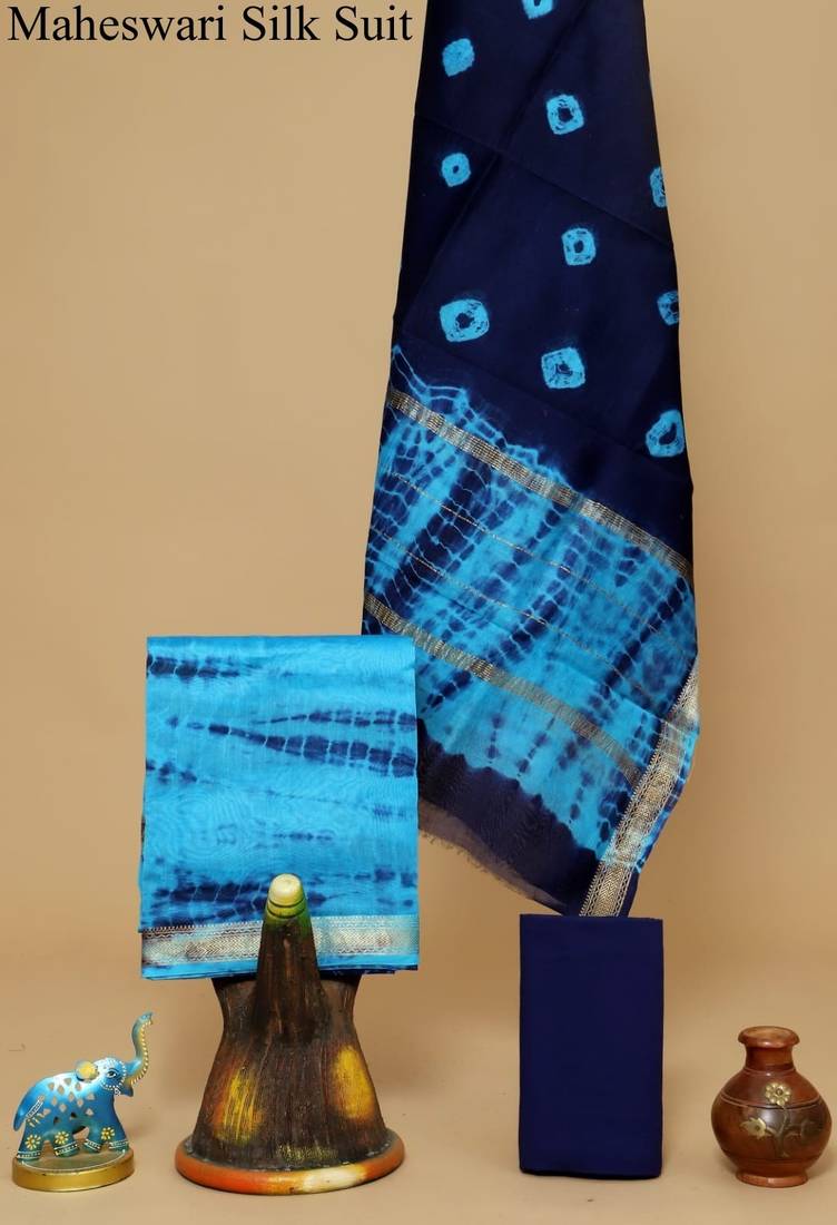 Blue exclusive new hand block printed maheshwari silk zari border suits pieces