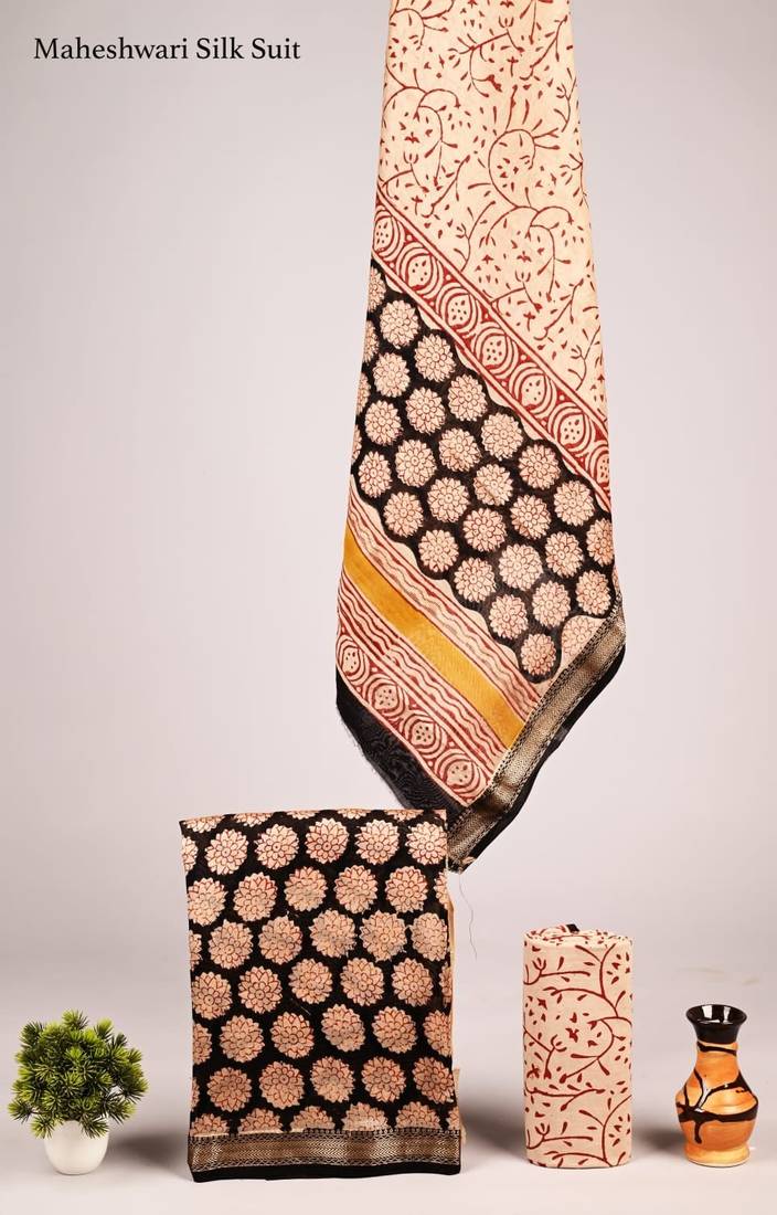 Multicolor exclusive new hand block printed maheshwari silk zari border suits pieces