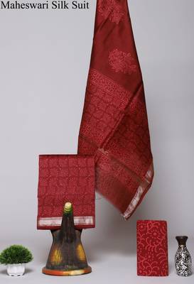 Maroon exclusive new hand block printed maheshwari silk zari border suits pieces 1