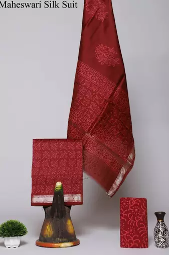 Maroon exclusive new hand block printed maheshwari silk zari border suits pieces