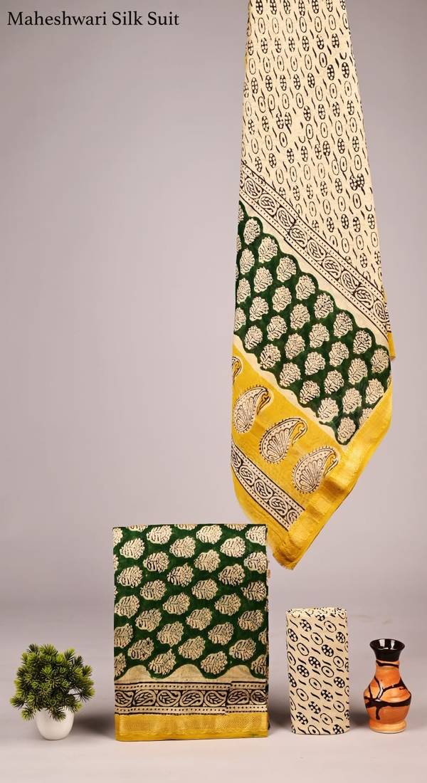 Multicolor exclusive new hand block printed maheshwari silk zari border suits pieces