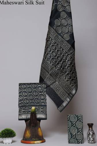 Black exclusive new hand block printed maheshwari silk zari border suits pieces