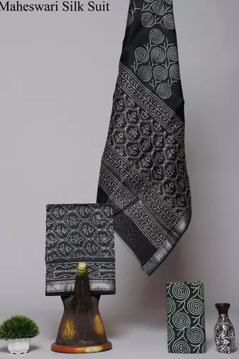 Black exclusive new hand block printed maheshwari silk zari border suits pieces