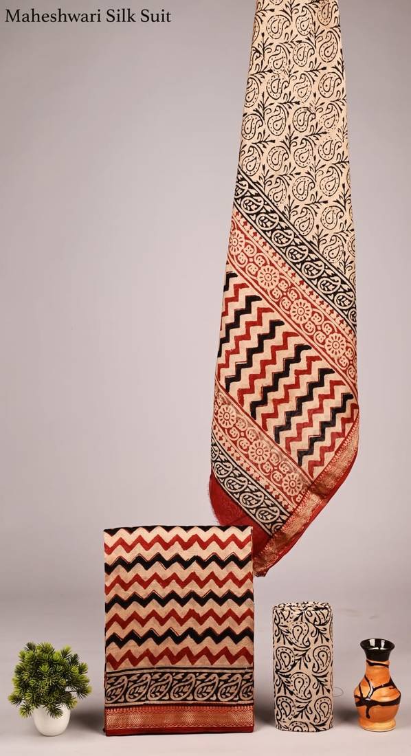 Multicolor exclusive new hand block printed maheshwari silk zari border suits pieces