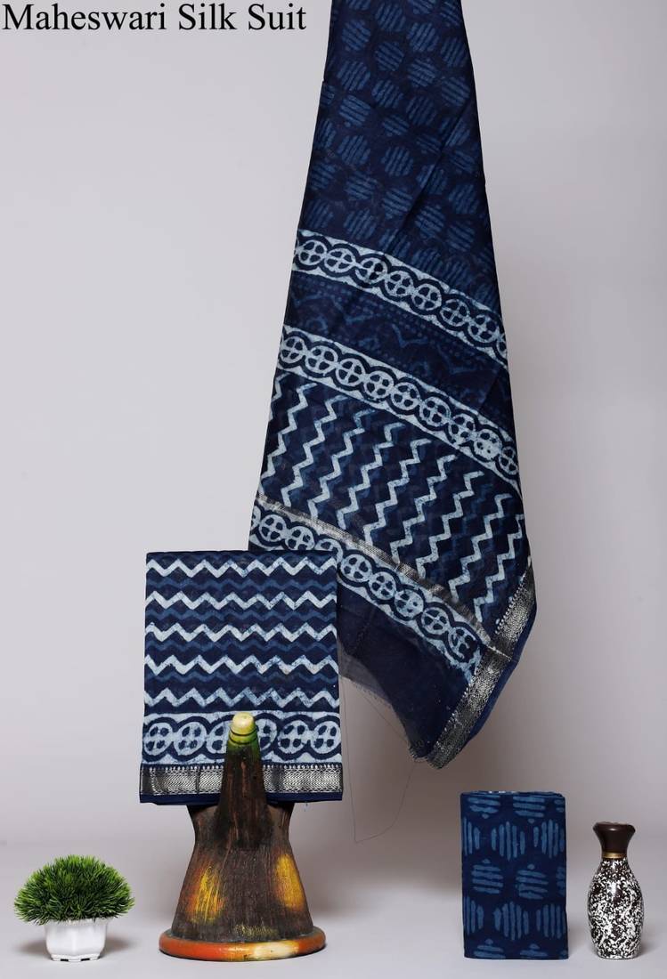 Blue exclusive new hand block printed maheshwari silk zari border suits pieces