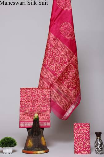 Pink exclusive new hand block printed maheshwari silk zari border suits pieces