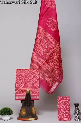 Pink exclusive new hand block printed maheshwari silk zari border suits pieces