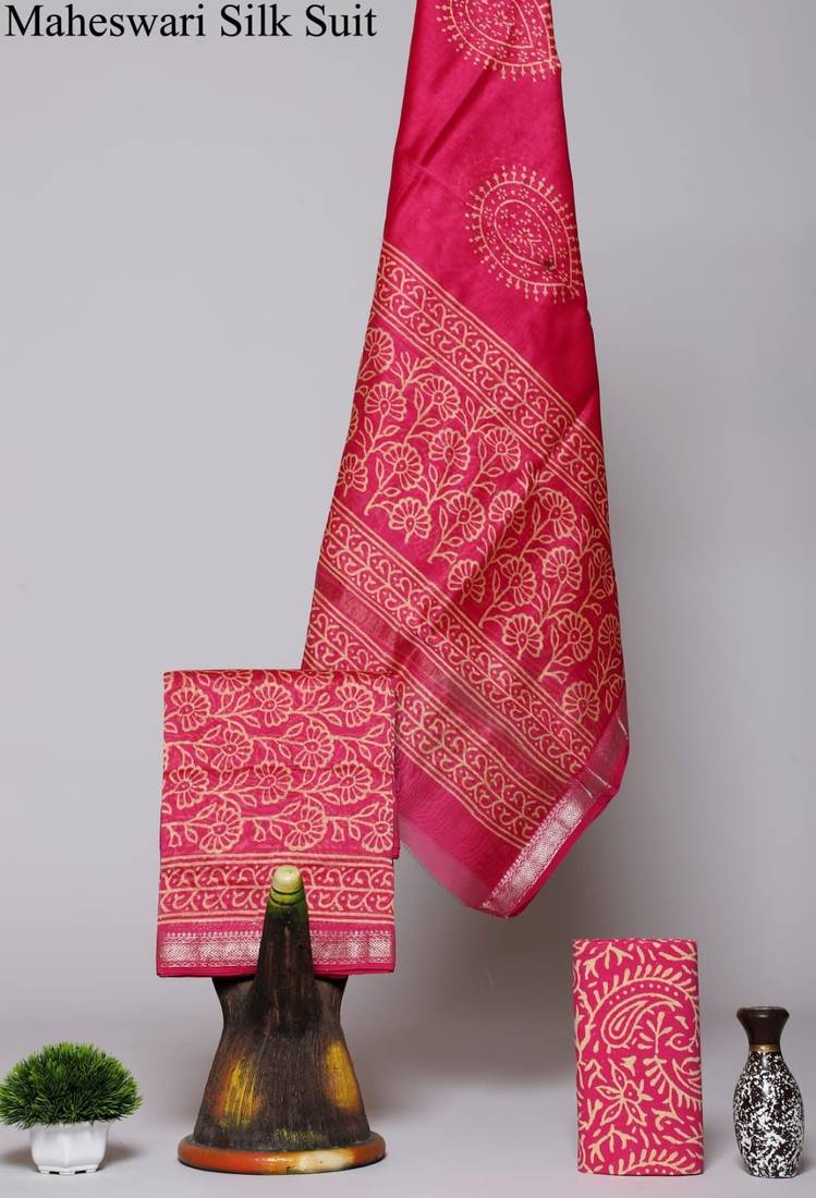 Pink exclusive new hand block printed maheshwari silk zari border suits pieces