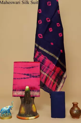 Blue exclusive new hand block printed maheshwari silk zari border suits pieces