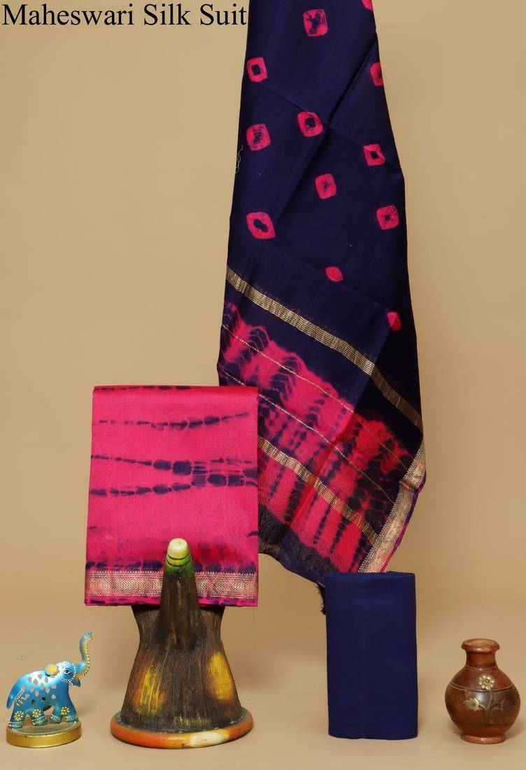 Blue exclusive new hand block printed maheshwari silk zari border suits pieces